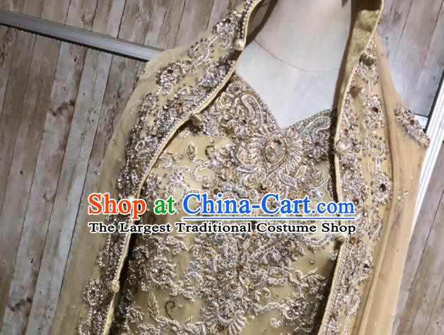 South Asia Pakistan Muslim Court Queen Embroidered Golden Dress Traditional Pakistani Hui Nationality Islam Wedding Costumes for Women