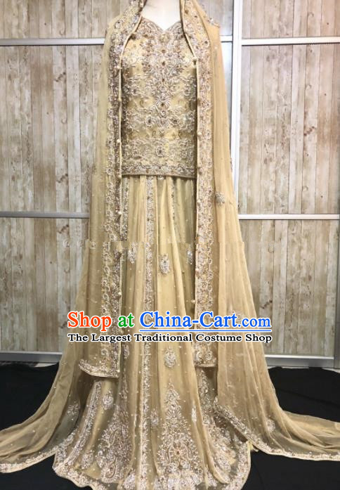 South Asia  Indian Court Queen Embroidered Golden Dress Traditional   India Hui Nationality Wedding Costumes for Women