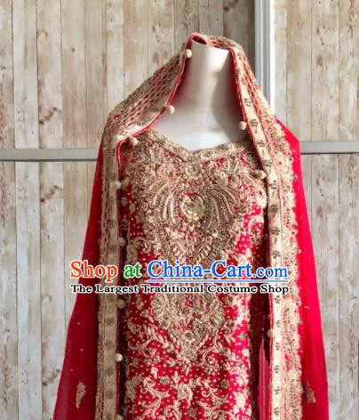 South Asia Pakistan Muslim Court Queen Embroidered Red Dress Traditional Pakistani Hui Nationality Islam Wedding Costumes for Women