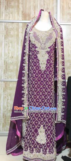 South Asia  Indian Court Bride Embroidered Purple Dress Traditional   India Hui Nationality Wedding Costumes for Women