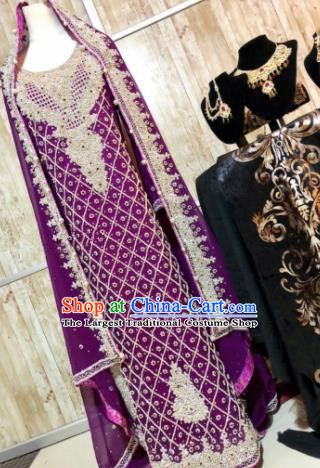 South Asia Pakistan Court Muslim Bride Embroidered Purple Dress Traditional Pakistani Hui Nationality Islam Wedding Costumes for Women
