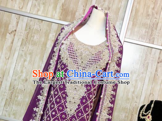 South Asia Pakistan Court Muslim Bride Embroidered Purple Dress Traditional Pakistani Hui Nationality Islam Wedding Costumes for Women