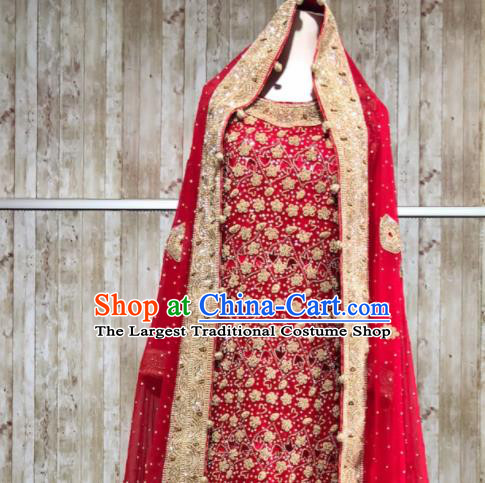 South Asia  Indian Court Bride Red Embroidered Trailing Dress Traditional   India Hui Nationality Wedding Costumes for Women