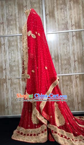 South Asia Pakistan Court Muslim Bride Red Embroidered Trailing Dress Traditional Pakistani Hui Nationality Islam Wedding Costumes for Women