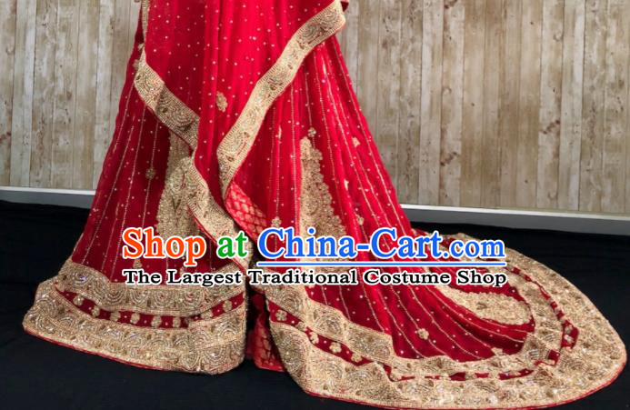 South Asia Pakistan Court Muslim Bride Red Embroidered Trailing Dress Traditional Pakistani Hui Nationality Islam Wedding Costumes for Women