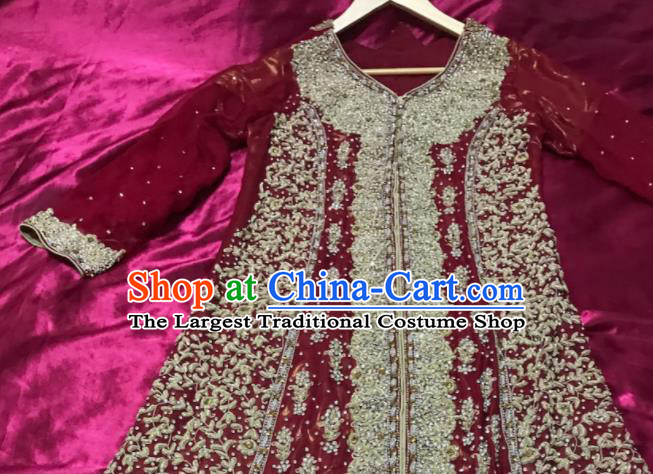 South Asia Pakistan Court Muslim Bride Wine Red Embroidered Dress Traditional Pakistani Hui Nationality Islam Wedding Costumes for Women