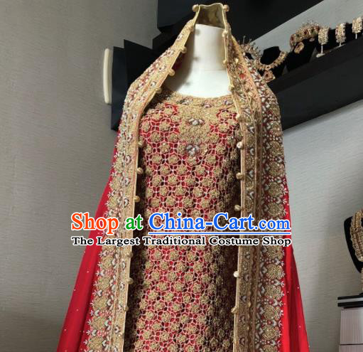 Asian Pakistan Court Queen Embroidered Red Wedding Dress Traditional Pakistani Hui Nationality Islam Bride Costumes for Women