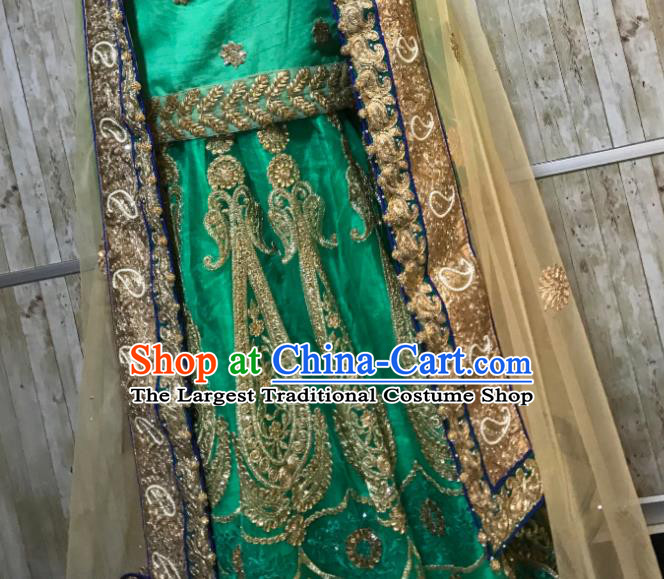 South Asia Pakistan Court Queen Green Embroidered Dress Traditional Pakistani Hui Nationality Islam Bride Wedding Costumes for Women