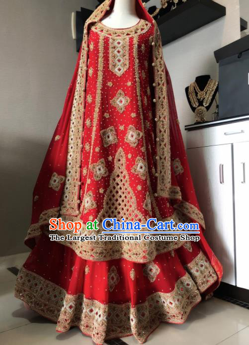 Asian  Indian Court Bride Embroidered Red Wedding Dress Traditional   India Hui Nationality Costumes for Women