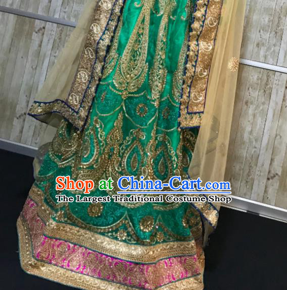 South Asia Pakistan Court Queen Green Embroidered Dress Traditional Pakistani Hui Nationality Islam Bride Wedding Costumes for Women