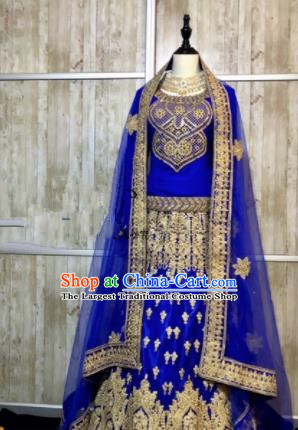 Asian Pakistan Court Bride Embroidered Royalblue Wedding Dress Traditional Pakistani Hui Nationality Islam Costumes for Women