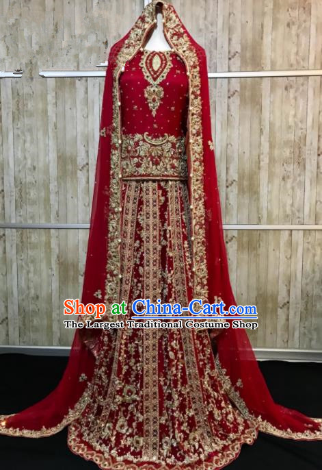 South Asia  Indian Court Queen Dark Red Embroidered Dress Traditional   India Hui Nationality Bride Wedding Costumes for Women