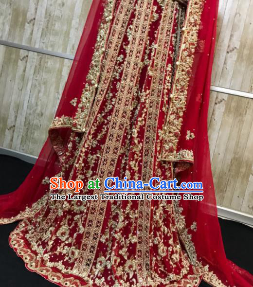 South Asia Pakistan Court Queen Dark Red Embroidered Dress Traditional Pakistani Hui Nationality Islam Bride Wedding Costumes for Women