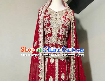 South Asia Pakistan Court Queen Red Embroidered Dress Traditional Pakistani Hui Nationality Islam Bride Wedding Costumes for Women