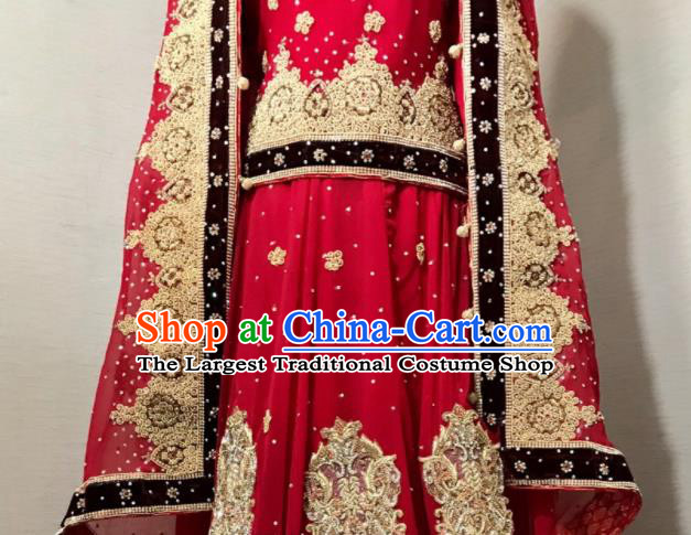 South Asia Pakistan Court Queen Wedding Embroidered Red Dress Traditional Pakistani Hui Nationality Islam Bride Costumes for Women
