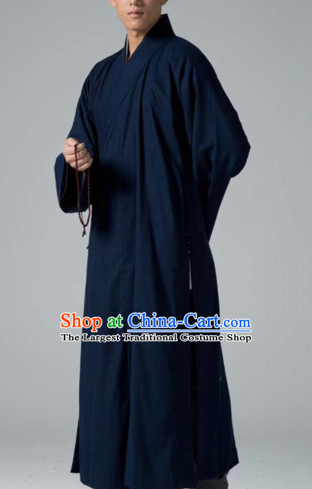 Traditional Chinese Monk Costume Buddhists Abbot Navy Yarn Gown for Men