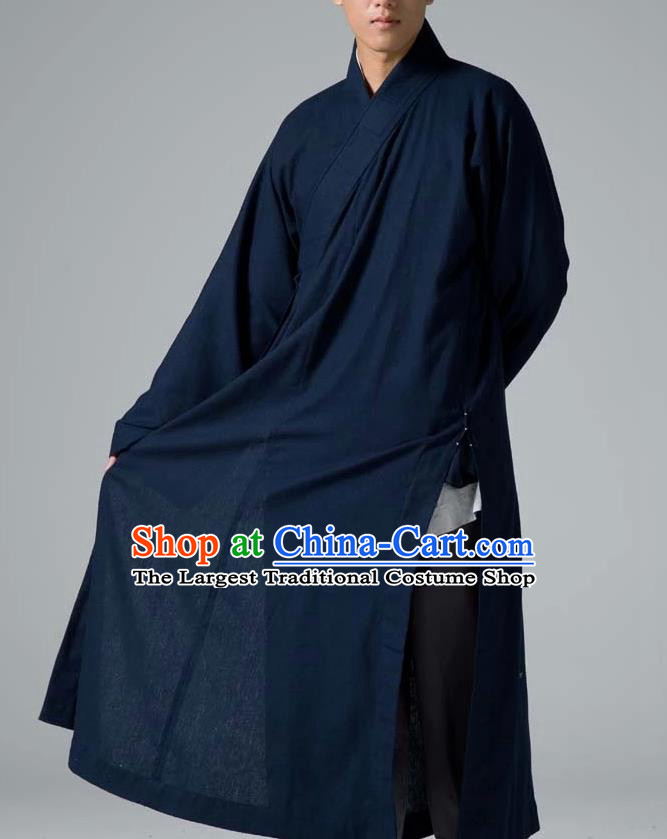 Traditional Chinese Monk Costume Buddhists Abbot Navy Yarn Gown for Men