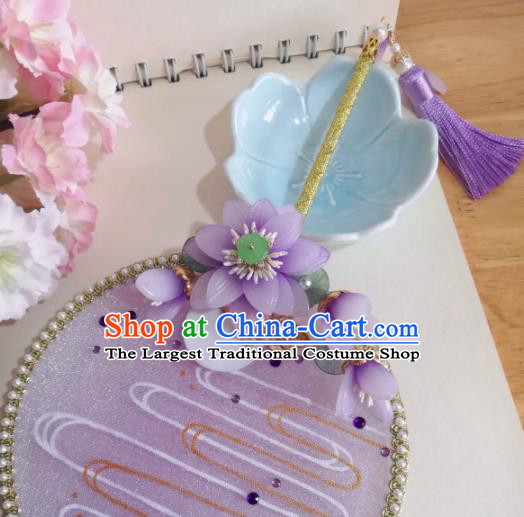 Traditional Chinese Classical Purple Silk Palace Fans Hanfu Bride Flowers Round Fan for Women