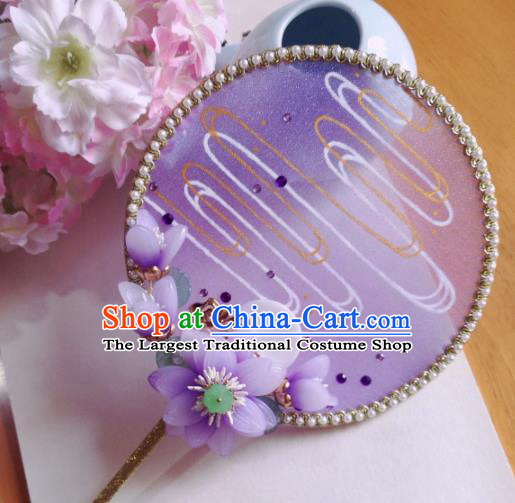 Traditional Chinese Classical Purple Silk Palace Fans Hanfu Bride Flowers Round Fan for Women