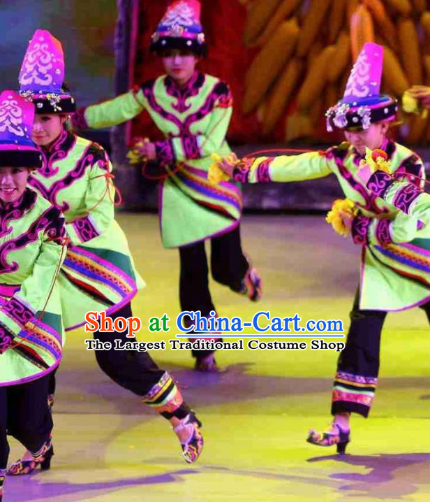 Phoenix Flying Qiang Dance Traditional Chinese Qiang Nationality Dance Green Dress and Headwear for Women
