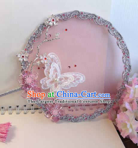 Traditional Chinese Classical Pink Silk Palace Fans Hanfu Bride Round Fan for Women