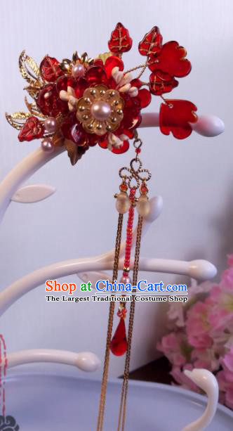 Traditional Chinese Classical Red Flower Hairpins Ancient Hanfu Hair Accessories for Women