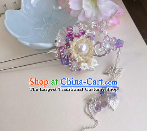 Traditional Chinese Classical Purple Plum Tassel Hairpins Ancient Hanfu Hair Accessories for Women