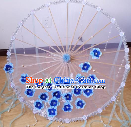 Traditional Chinese Classical Blue Flowers Umbrella Ancient Hanfu Tassel Umbrellas for Women