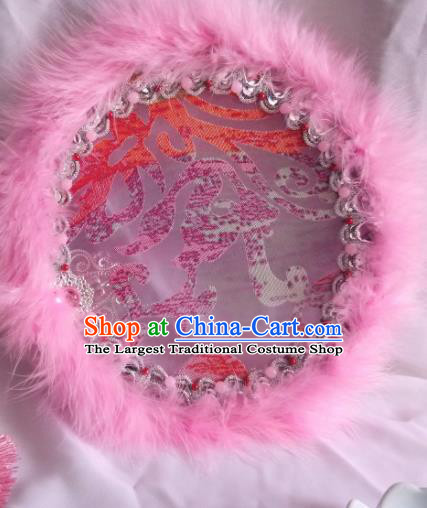 Traditional Chinese Classical Pink Feather Palace Fans Hanfu Bride Round Fan for Women