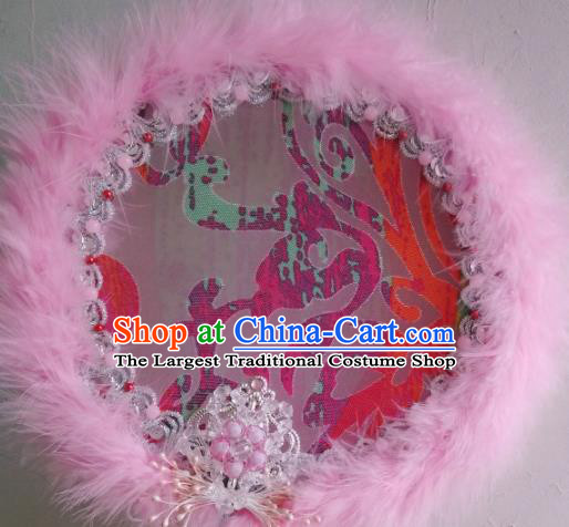 Traditional Chinese Classical Pink Feather Palace Fans Hanfu Bride Round Fan for Women