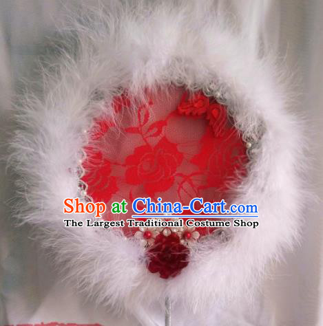 Traditional Chinese Classical White Feather Palace Fans Hanfu Bride Round Fan for Women