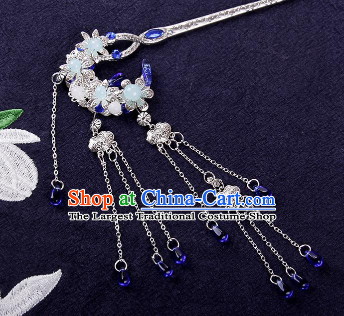 Traditional Japanese Cosplay Swordsman Blue Crystal Tassel Hairpins Ancient Hanfu Hair Accessories for Women