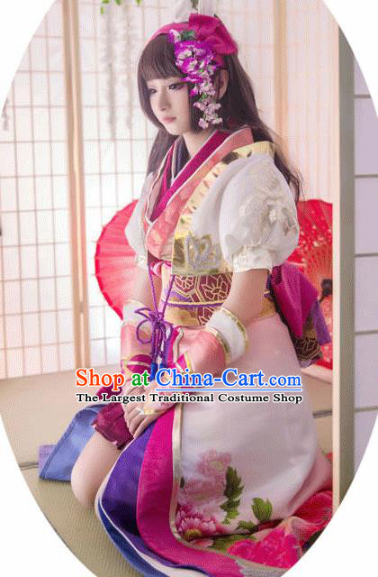 Top Grade Cosplay Geisha Printing Peony Pink Dress Ancient Heroine Costume for Women