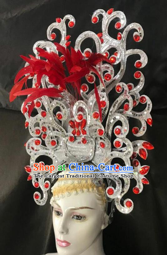 Top Halloween Samba Dance Red Crystal Feather Royal Crown Brazilian Rio Carnival Deluxe Hair Accessories for Women