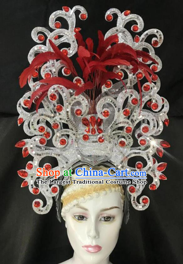 Top Halloween Samba Dance Red Crystal Feather Royal Crown Brazilian Rio Carnival Deluxe Hair Accessories for Women
