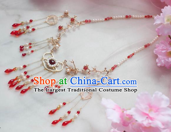 Traditional Chinese Hanfu Red Crystal Tassel Necklace Ancient Princess Jewelry Accessories for Women