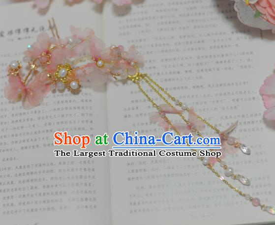 Traditional Chinese Classical Pink Silk Butterfly Hairpins Ancient Princess Hanfu Hair Accessories for Women