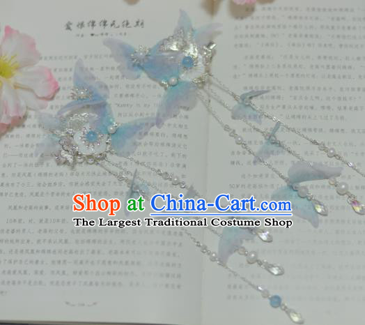 Traditional Chinese Classical Blue Silk Butterfly Hair Claws Hairpins Ancient Princess Hanfu Hair Accessories for Women