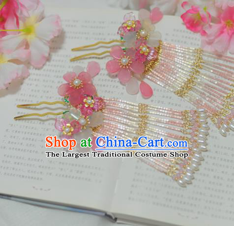 Traditional Chinese Classical Pink Plum Tassel Hairpins Ancient Princess Hanfu Hair Accessories for Women