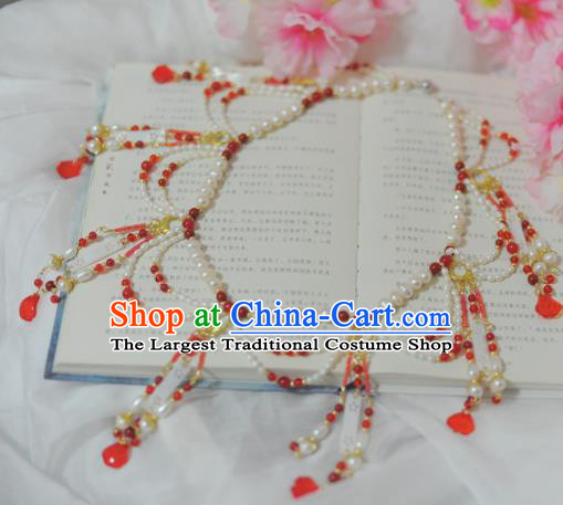 Traditional Chinese Hanfu Pearls Necklace Ancient Princess Red Tassel Necklet Accessories for Women