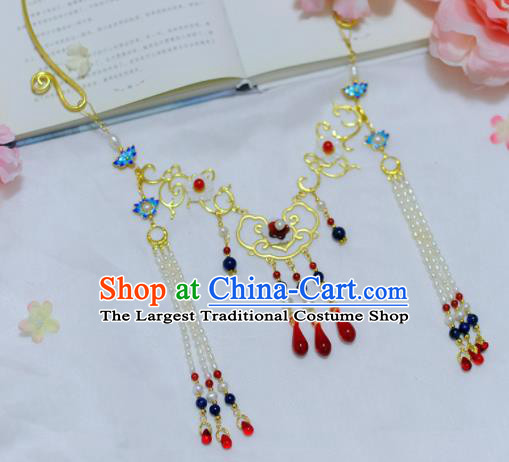 Traditional Chinese Hanfu Cloisonne Lotus Necklace Ancient Princess Tassel Necklet Accessories for Women