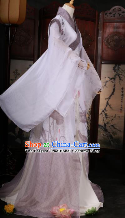 Traditional Chinese Cosplay Swordsman Ink Painting Lotus White Clothing Ancient Nobility Childe Costume for Men