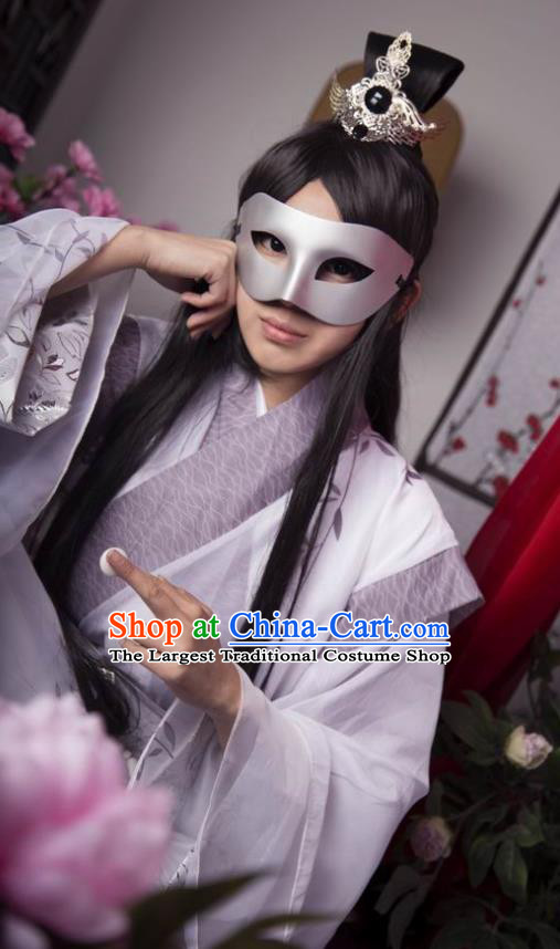 Traditional Chinese Cosplay Swordsman Ink Painting Lotus White Clothing Ancient Nobility Childe Costume for Men
