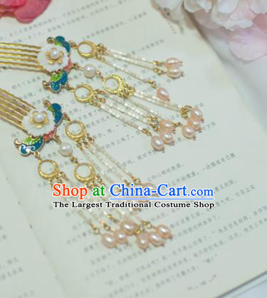 Traditional Chinese Classical Pearls Tassel Cloisonne Hair Combs Hairpins Ancient Princess Hanfu Hair Accessories for Women