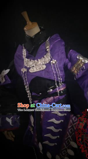 Chinese Cosplay Tang Dynasty Female Swordsman Purple Short Dress Ancient Princess Peri Costume for Women