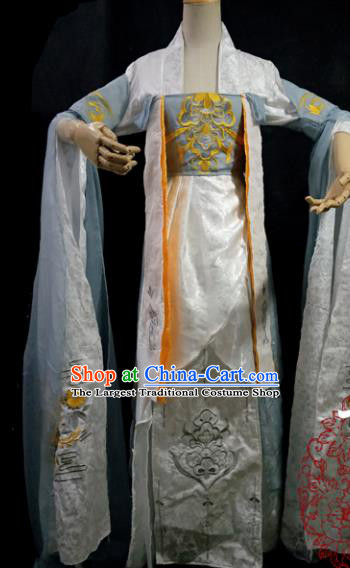 Chinese Cosplay Tang Dynasty Female Swordsman White Embroidered Dress Ancient Princess Peri Costume for Women