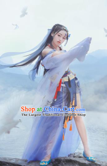Chinese Cosplay Female Swordsman Blue Dress Ancient Princess Peri Costume for Women
