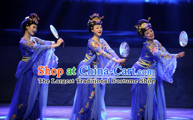 Chinese Drama Dragon Boat Festival Classical Dance Royalblue Dress Stage Performance Costume and Headpiece for Women