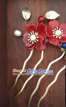 Traditional Chinese Classical Red Flowers Hairpins Hair Combs Ancient Princess Hanfu Hair Accessories for Women