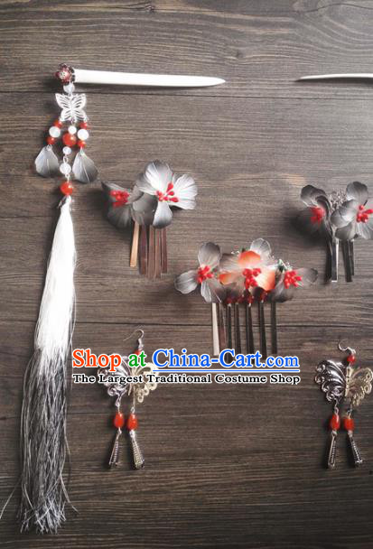 Traditional Chinese Classical Grey Flowers Hair Comb Tassel Hairpins Ancient Princess Hanfu Hair Accessories for Women